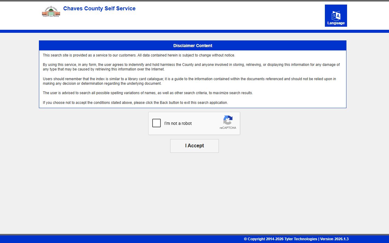 Chaves County Clerk of Court records Tyler Self Service disclaimer