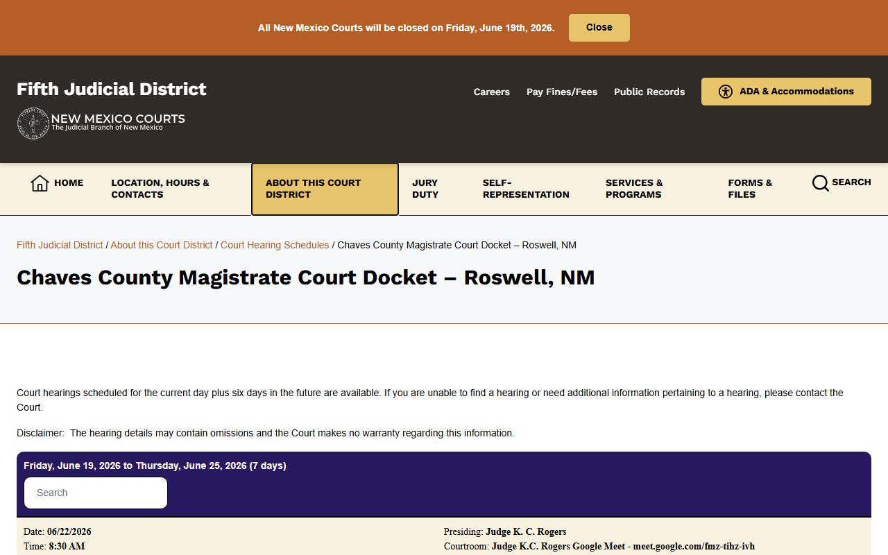 Chaves County court dockets Magistrate Court hearing calendar