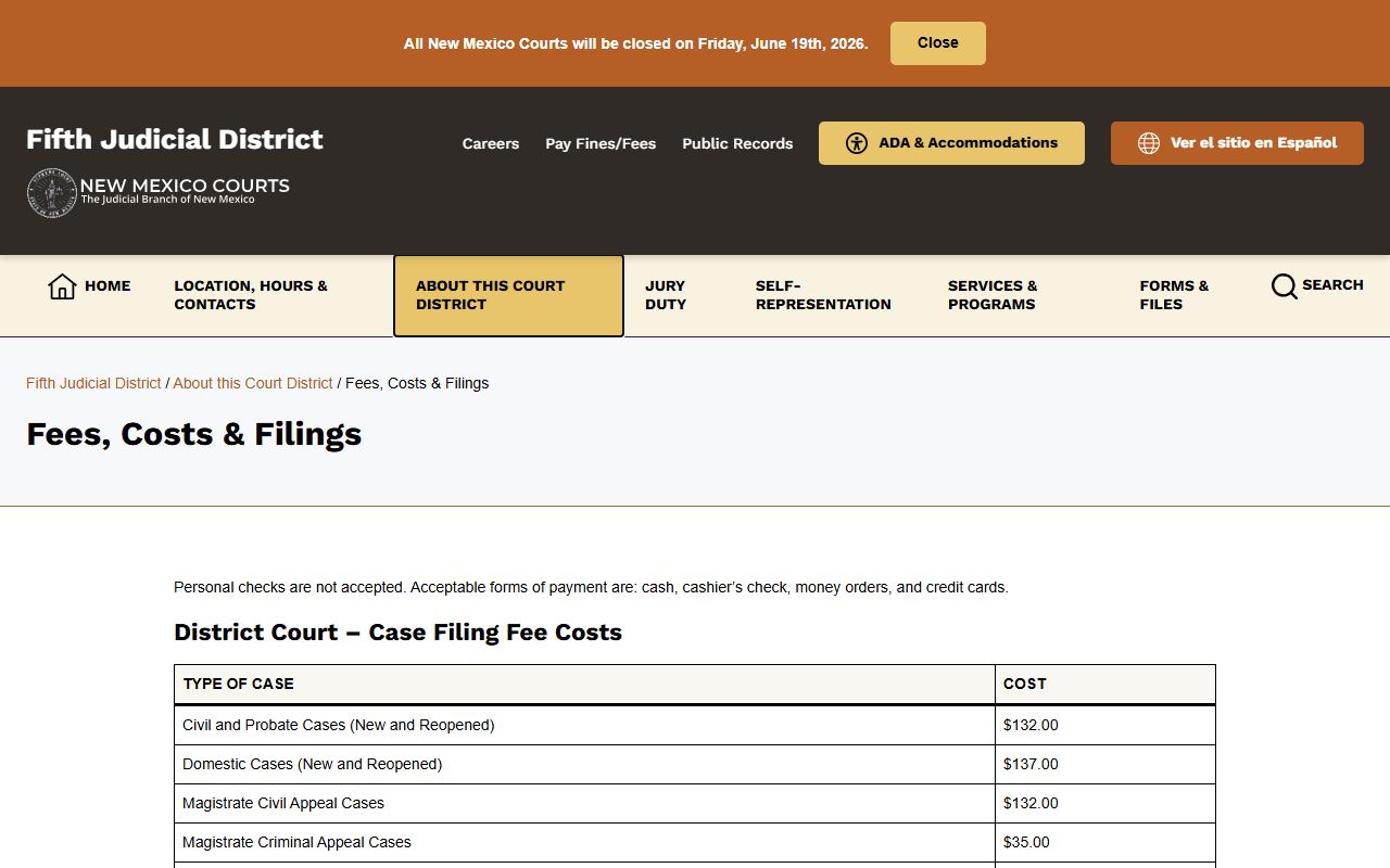 Chaves County court records fees and costs for District and Magistrate Court