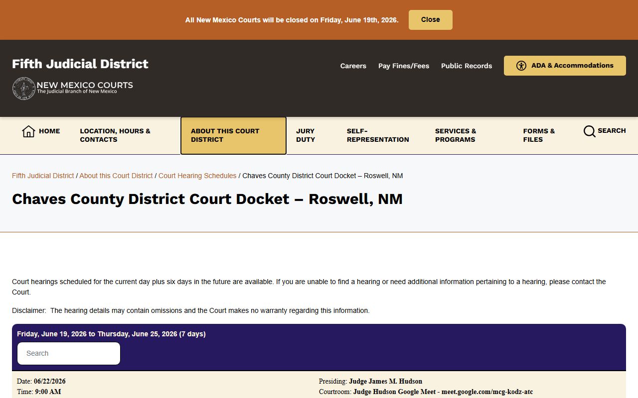 Chaves County District Court docket records page