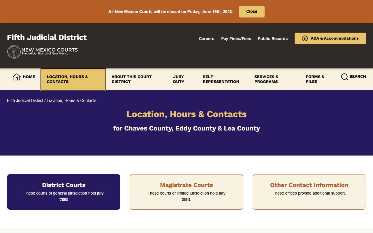 Chaves County District Court records location and hours page