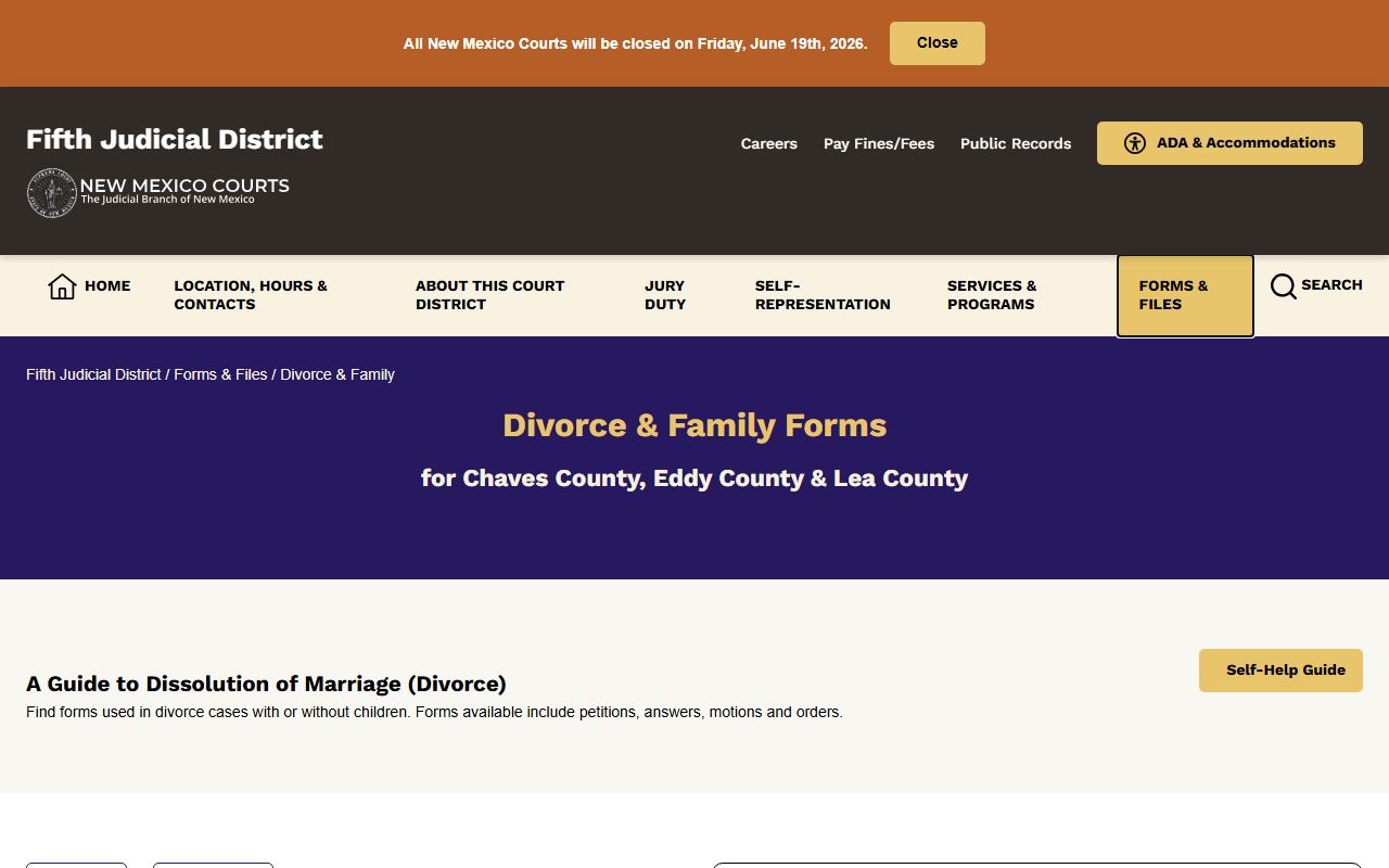 Chaves County marriage divorce records Fifth Judicial District divorce forms