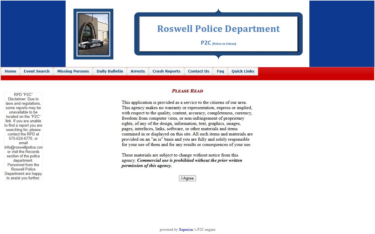 Chaves County warrant records Roswell Police P2C event search disclaimer